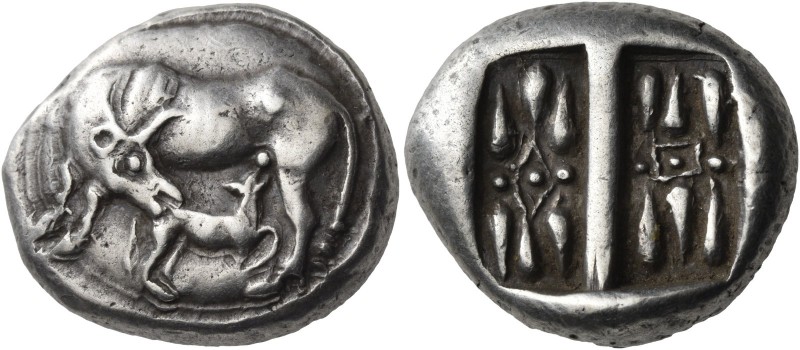 Korkyra. Circa 510-480 BC. Stater (Silver, 21 mm, 11.07 g), circa 500. Cow stand...