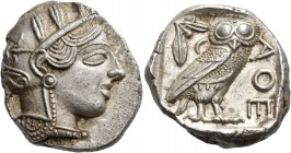 Attica. Athens. Circa 449-404 BC. Tetradrachm (Silver, 25 mm, 17.22 g, 8 h). Head of Athena to right, wearing crested Attic helmet adorned with three ...