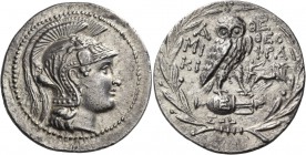 Attica. Athens. 137/6 BC. Tetradrachm (Silver, 31 mm, 16.79 g, 11 h), New style, Miki(on) and Theophra(stos). Head of Athena Parthenos to right, weari...