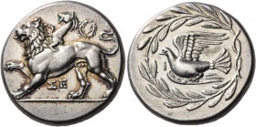 Sikyonia. Sikyon. Circa 335-330 BC. Stater (Silver, 23 mm, 12.21 g, 2 h). ΣΕ Chimaera moving to the left on ground line, right paw raised; above to ri...