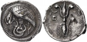 Elis. Olympia. 96th Olympiad, 396 BC. Stater (Silver, 22 mm, 11.41 g, 10 h). Eagle standing left, grasping coiled snake with his talons and tearing at...