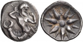 Crete. Itanos. Circa 350-320 BC. Obol (Silver, 11 mm, 0.88 g). The sea-god Glaukos, bearded and with a fish tail, holding a trident with his upraised ...
