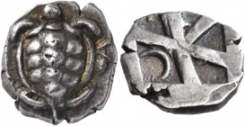 Crete. Kydonia. Circa 450-330 BC. Hemidrachm (Silver, 14 mm, 2.95 g), overstruck on a Rhodian drachm (?). Land tortoise with segmented shell; to right...