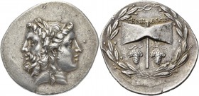 Islands off Troas. Tenedos. Circa 100-70 BC. Tetradrachm (Silver, 37 mm, 16.81 g). Janiform head composed of a laureate and bearded head of Zeus to le...