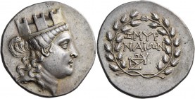 Ionia. Smyrna. Circa 170-145 BC. Tetradrachm (Silver, 32 mm, 16.68 g, 11 h). Turreted head of the Tyche of Smyrna to right. Rev. ΖΜΥΡ / ΝΑΙΩΝ in two l...