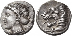 Caria. Knidos. Circa 395-380 BC. Didrachm (Silver, 19 mm, 7.13 g, 5 h). Κ - ΝΙ Head of Aphrodite to left, her hair in a sphendone, wearing a triple pe...