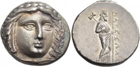 Satraps of Caria. Maussolos, circa 377/6-353/2 BC. Tetradrachm (Silver, 27 mm, 15.06 g), Halikarnassos, after c. 367. Laureate head of Apollo, three-q...