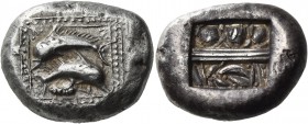 Islands off Caria. Karpathos. Poseidion. Circa 500-475 BC. Stater (Silver, 23 mm, 13.63 g). Two dolphins: the larger swimming to left above a smaller ...
