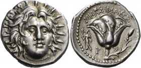 Islands off Caria. Rhodos. Rhodes. Circa 250-229 BC. Didrachm (Silver, 20 mm, 6.76 g, 12 h), Mnasimachos. Radiate head of Helios facing, turned slight...