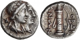 Phrygia. Gordium. 2nd-1st century BC. Obol (Silver, 9 mm, 0.68 g, 12 h). Jugate, draped busts of Artemis and Apollo to right, both laureate; over Arte...