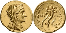 Ptolemaic Kings of Egypt. Period of Ptolemy VI and Ptolemy VIII, c. 180-116 BC. Tetra­drachm (Gold, 24 mm, 13.83 g, 12 h), struck in the name of the d...