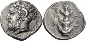 Kyrenaica. Kyrene. Circa 435-375 BC. Tetradrachm (Silver, 26 mm, 13.08 g, 5 h), Aristomedes. ΑΡΙ[Σ]-ΤΟΜΗΔΕΟΣ Bearded head of Zeus Ammon to left, with ...
