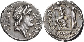 L. Caecilus Metellus, C. Publicius Malleolus, A Postumius S. f. Albinus, late 90s BC. Denarius (Silver, 19 mm, 3.83 g, 11 h), Rome. A-ALB.S.F / L. MET...