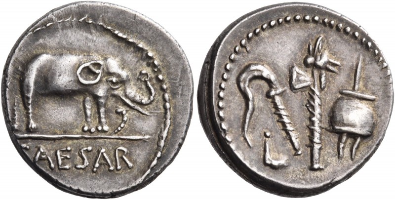 Julius Caesar. Denarius (Silver, 18 mm, 3.87 g, 5 h), mint moving with Caesar, 4...