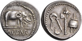 Julius Caesar. Denarius (Silver, 18 mm, 3.87 g, 5 h), mint moving with Caesar, 49-48 BC. CAESAR Elephant trampling serpent to right. Rev. Priestly imp...