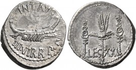Marc Antony, autumn 32-spring 31. Denarius (19 mm, 3.32 g, 7 h), Patrae (?). ANT.AVG / III.VIR.R.P.C. Galley moving to right. Rev. LEG XXI Legionary e...