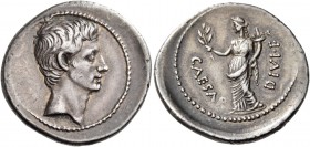 Octavian, autumn 32-summer 31 BC. Denarius (Silver, 21 mm, 3.91 g, 6 h), uncertain Italian mint, possibly Rome. Bare head of Octavian to right. Rev. C...