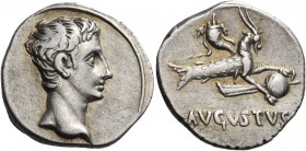Augustus, 27 BC-AD 14. Denarius (Silver, 18.5 mm, 3.70 g, 7 h), Colonia Patricia, BC 18-16. Bare head of Augustus to right. Rev. AVGVSTVS Capricorn to...