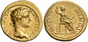 Tiberius, 14-37. Aureus (Gold, 19 mm, 7.76 g, 8 h), Lugdunum, late 20s-early 30s. TI CAESAR DIVI AVG F AVGVSTVS Laureate head of Tiberius to right. Re...