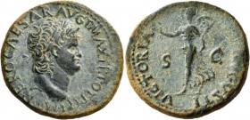 Nero, AD 54-68. Dupondius (Orichalcum, 30 mm, 16.06 g, 6 h), Lugdunum, 66. IMP NERO CAESAR AVG P MAX TR POT P P Laureate head of Nero to right; globe ...