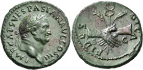 Vespasian, 69-79. As (Bronze, 26 mm, 10.00 g, 7 h), Rome, 71. IMP CAES VESPASIAN AVG COS III Laureate head of Vespasian to right. Rev. FIDES [PVL]BICA...