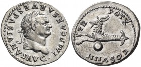 Vespasian, 69-79. Denarius (Silver, 21 mm, 3.30 g, 6 h), Rome, 79. IMP CAESAR VESPASIANVS AVG Laureate head of Vespasian to right. Rev. TR POT X COS V...