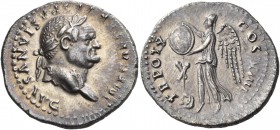 Vespasian, 69-79. Denarius (Silver, 19 mm, 3.35 g, 5 h), Rome, 79. IMP CAESAR VESPASIANVS AVG Laureate head of Vespasian to right. Rev. TR POT X COS V...