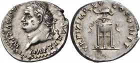 Titus, 79-81. Denarius (Silver, 18 mm, 3.37 g, 7 h), Rome, 80. IMP TITVS [CAES VESPASI]AN AVG P M Laureate head of Titus to left. Rev. TR P IX IMP XV ...