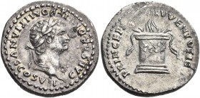 Domitian, as Caesar, 69-81. Denarius (Silver, 18.3 mm, 3.39 g, 6 h), struck under Titus, Rome, 80-81. CAESAR DIVI F DOMITIANVS COS VII Laureate head o...