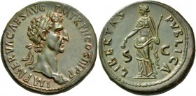 Nerva, 96-98. Sestertius (Orichalcum, 33 mm, 24.25 g, 6 h), Rome, after 18 September 97. IMP NERVA CAES AVG P M TR P II COS III P P Laureate head of N...