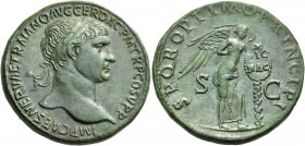 Trajan, 98-117. Sestertius (Orichalcum, 32.5 mm, 25.97 g, 6 h), Rome, 103-107. IMP CAES NERVAE TRAIANO AVG GER DAC P M TR P COS V P P Laureate bust of...