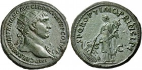Trajan, 98-117. Dupondius (Orichalcum, 26 mm, 11.40 g, 7 h), Rome, 104/5-107. IMP CAES NERVAE TRAIANO AVG GER DAC P M TR P COS V P P Radiate bust of T...