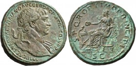 Trajan, 98-117. Sestertius (Orichalcum, 32 mm, 29.28 g, 6 h), Rome, 109/110. IMP CAES NERVAE TRAIANO AVG GER DAC P M TR P COS V P P Laureate bust of T...