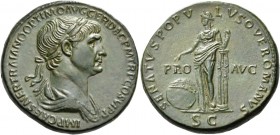Trajan, 98-117. Sestertius (Orichalcum, 32 mm, 27.76 g, 7 h), Rome, 114-116. IMP CAESNER TRAIANO OPTIMO AVG GER DAC P M TR P COS VI P P Laureate, drap...