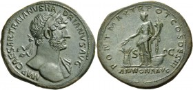 Hadrian, 117-138. Sestertius (Orichalcum, 35 mm, 24.30 g, 6 h), Rome, 118. IMP CAESAR TRAIANVS HADRIANVS AVG Laureate bust of Hadrian to right, with d...