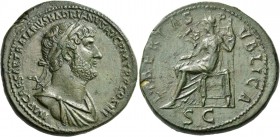 Hadrian, 117-138. Sestertius (Orichalcum, 34 mm, 30.29 g), Rome, 123. IMP CAESAR TRAIANVS HADRIANVS AVG P M TR P COS III Laureate and draped bust of H...