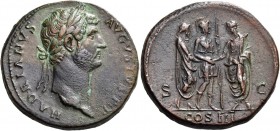 Hadrian, 117-138. Sestertius (Orichalcum, 33 mm, 24.59 g, 6 h), Rome, 128. HADRIANVS AVGVSTVS P P Laureate head of Hadrian to right. Rev. COS III / S ...