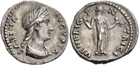 Sabina, Augusta, 128-136/7. Denarius (Silver, 18 mm, 3.40 g, 6 h), Rome, 134-138. SABINA AVGVSTA Diademed and draped bust of Sabina to right, her hair...