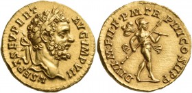 Septimius Severus, 193-211. Aureus (Gold, 20 mm, 7.27 g, 6 h), Rome, 195. L SEPT SEV PERT AVG IMP VII Laureate head of Septimius Severus to right. Rev...
