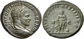 Caracalla, 198-217. As (Copper, 27 mm, 10.60 g, 7 h), Rome, 215. ANTONINVS PIVS AVG GERM Laureate, draped, and cuirassed bust of Caracalla to right, s...