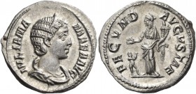 Julia Mamaea, Augusta, 222-235. Denarius (Silver, 19 mm, 2.91 g, 1 h), mother of Severus Alexander, Rome, 232. IVLIA MAMAEA AVG Diademed and draped bu...