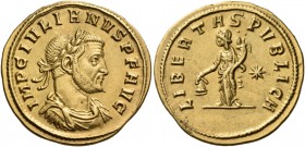 Julian of Pannonia, usurper, 284-285. Aureus (Gold, 19 mm, 4.36 g, 12 h), Siscia, October-December 284. IMP C IVLIANVS P F AVG Laureate, draped and cu...