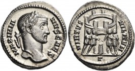 Galerius, as Caesar, 293-305. Argenteus (Silver, 19 mm, 3.19 g, 12 h), Rome, third officina, 295-297. MAXIMIANVS CAES Laureate head of Galerius to rig...
