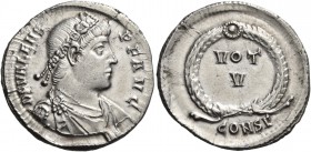 Valens, 364-378. Heavy Siliqua (Silver, 20.5 mm, 3.28 g, 6 h), Constantinople, third officina, 364-367. D N VALENS P F AVG Pearl-diademed, draped and ...