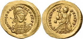 Theodosius II, 402-450. Solidus (Gold, 21 mm, 4.48 g), Constan­tinople, 441-450. D N THEODOSI-VS P. F. AVG Helmeted, diademed and cuirassed bust of Th...