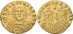 Michael III "the Drunkard", with Theodora, 842-867. Solidus (Gold, 20 mm, 4.34 g, 6 h), Constantinople, 843-856. IhSЧS X-RISTOS* Bearded, draped bust ...