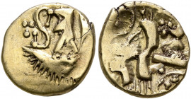 BRITAIN. Belgae. Uninscribed, circa 65-40 BC. 1/4 Stater (Gold, 11 mm, 1.35 g), 'Hampshire Thunderbolt' type. Two men standing right in a boat; to lef...