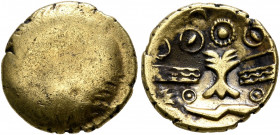 BRITAIN. Cantii. Uninscribed, circa 100-30 BC. 1/4 Stater (Gold, 12 mm, 1.16 g), 'Treelike Trophy' type. Bulge. Rev. Tree-like trophy; above, rings; b...