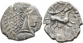BRITAIN. Iceni. Uninscribed, circa 65-1 BC. Unit (Silver, 14 mm, 0.89 g, 3 h), 'Norfolk God Small Head' type. Celticized head to right; to left, grain...