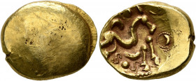 NORTHEAST GAUL. Ambiani. Circa 60-30 BC. Stater (Gold, 18 mm, 5.79 g). Blank convex surface. Rev. Celticized horse galloping to right, horseman transf...